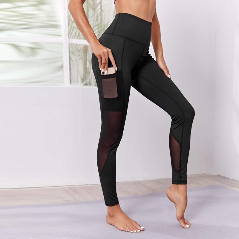 

Solid Mesh Insert Sports Leggings With Phone Pocket, Black
