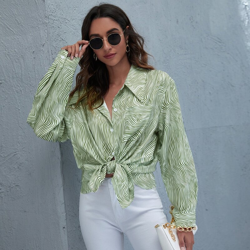 

Zebra Stripe Button Front Blouse, Olive green