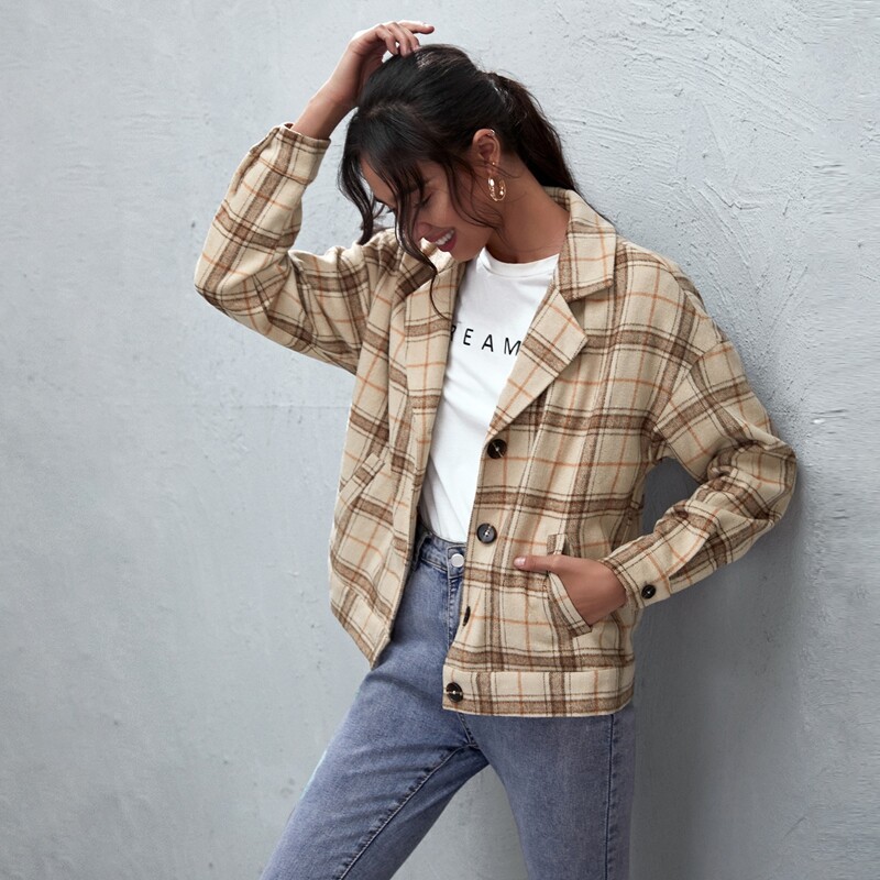 

Lapel Collar Slant Pocket Plaid Coat, Multicolor