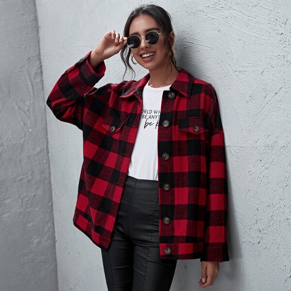 

Single Breasted Flap Detail Buffalo Plaid Coat, Multicolor