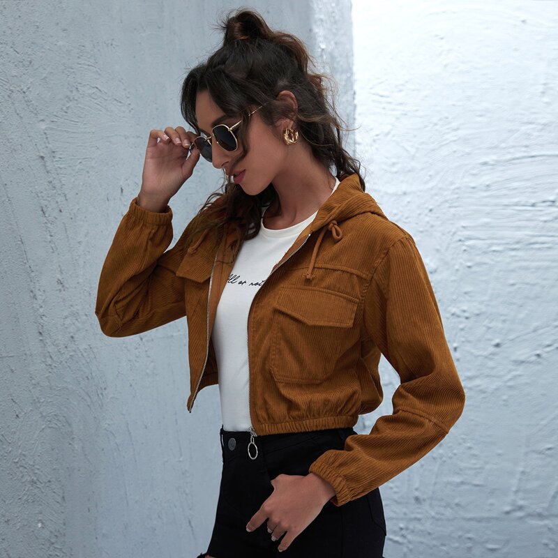 

O-Ring Zipper Crop Corduroy Jacket, Brown