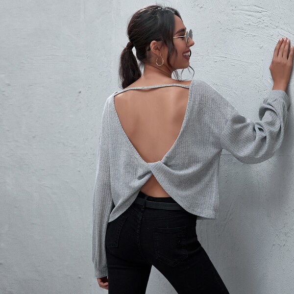 

Drop Shoulder Twist Backless Top, Light grey