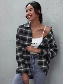 SHEIN EZwear Plaid Button-Front Oversized Shirt - Black - View 1