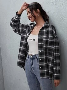 SHEIN EZwear Plaid Button-Front Oversized Shirt - Black - View 3