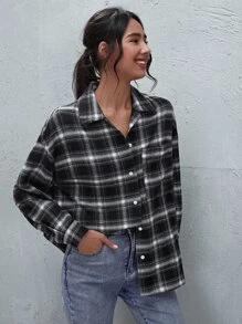 SHEIN EZwear Plaid Button-Front Oversized Shirt - Black - View 5
