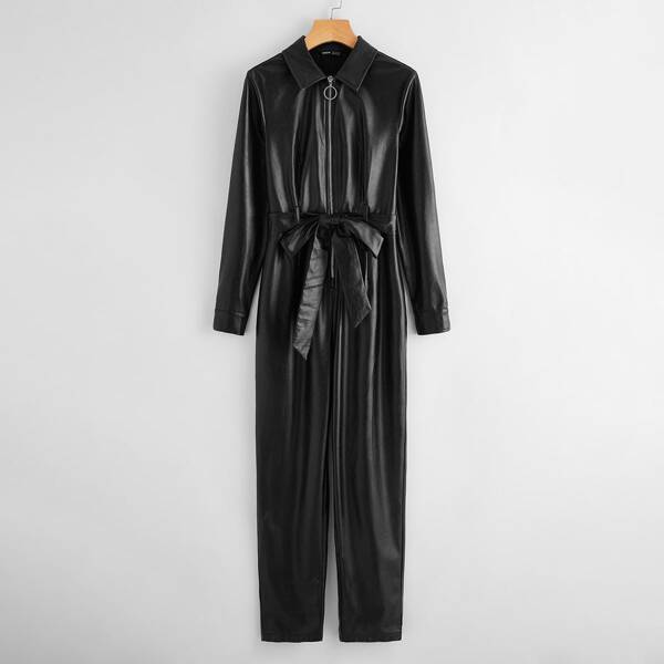 

Collared Zip Up Self Belted PU Leather Jumpsuit, Black