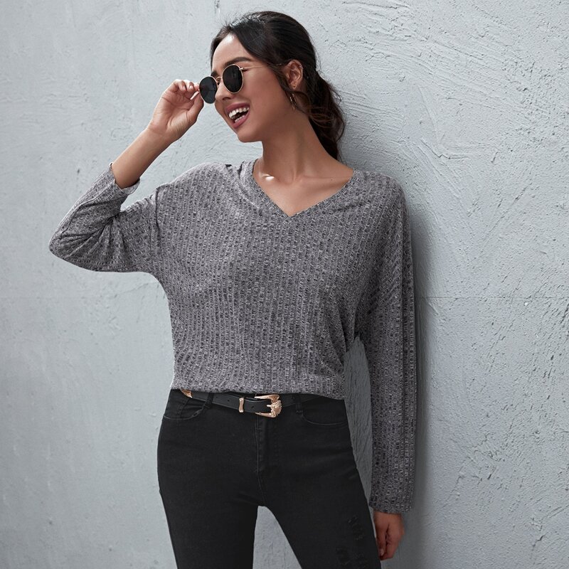 

Drop Shoulder Rib-knit Top, Grey