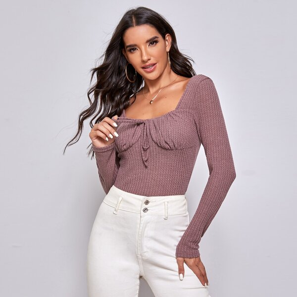 

Knot Front Ruched Bust Textured Knit Top, Redwood