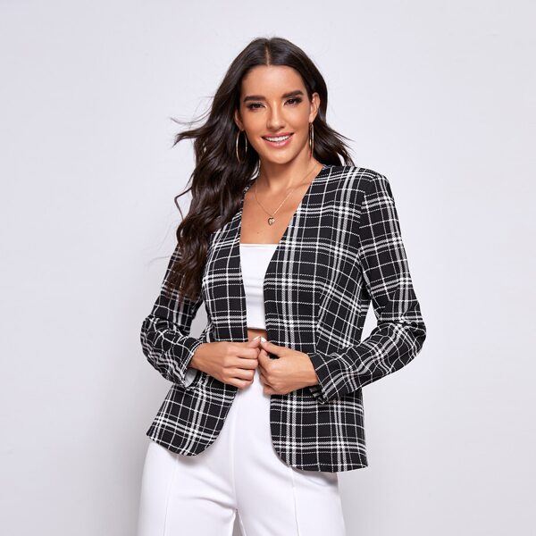 

Open Front Plaid Blazer, Black and white