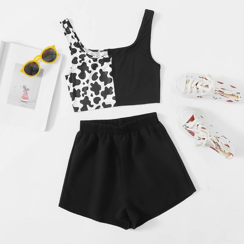

Cow Print Colorblock Crop Top & Solid Shorts, Black and white