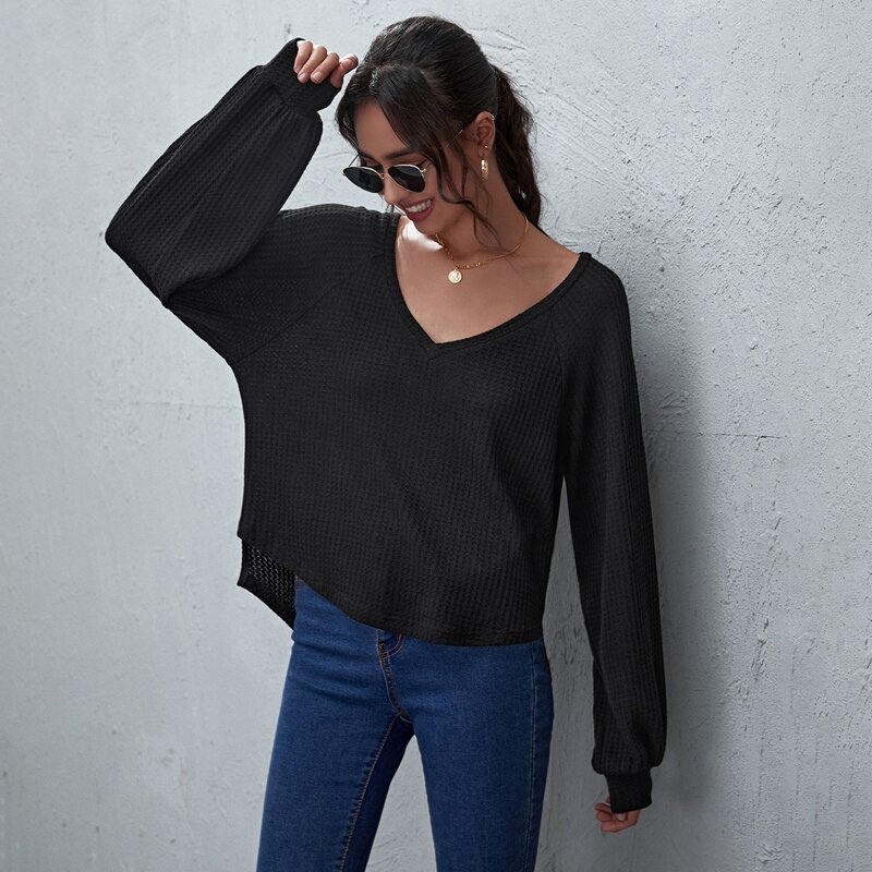 

Split Side Waffle Knit Tee, Black
