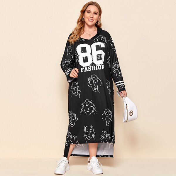 

Plus Drop Shoulder Letter and Figure Graphic Dip Hem Hooded Dress, Black