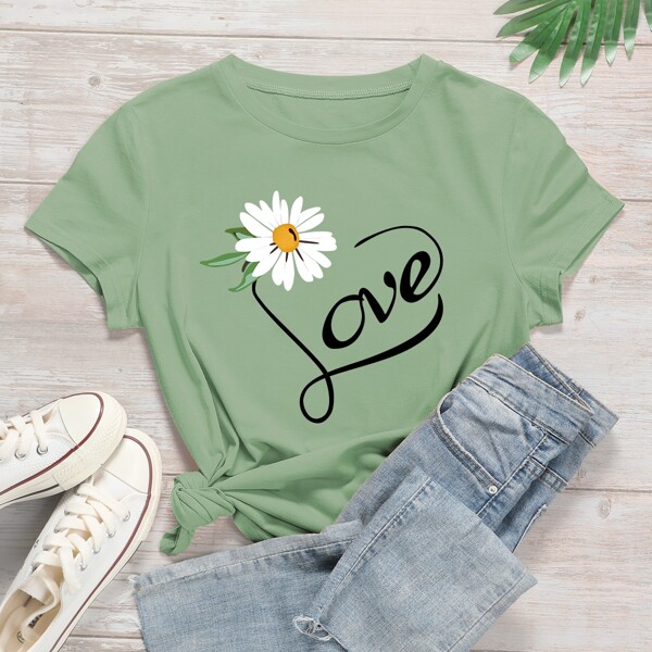 

Daisy And Letter Graphic Tee, Mint green