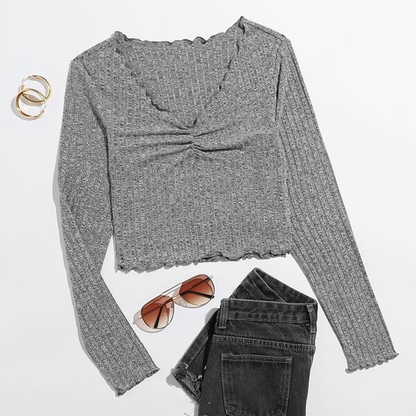 

Lettuce Trim Ruched Front Rib-knit Tee, Grey