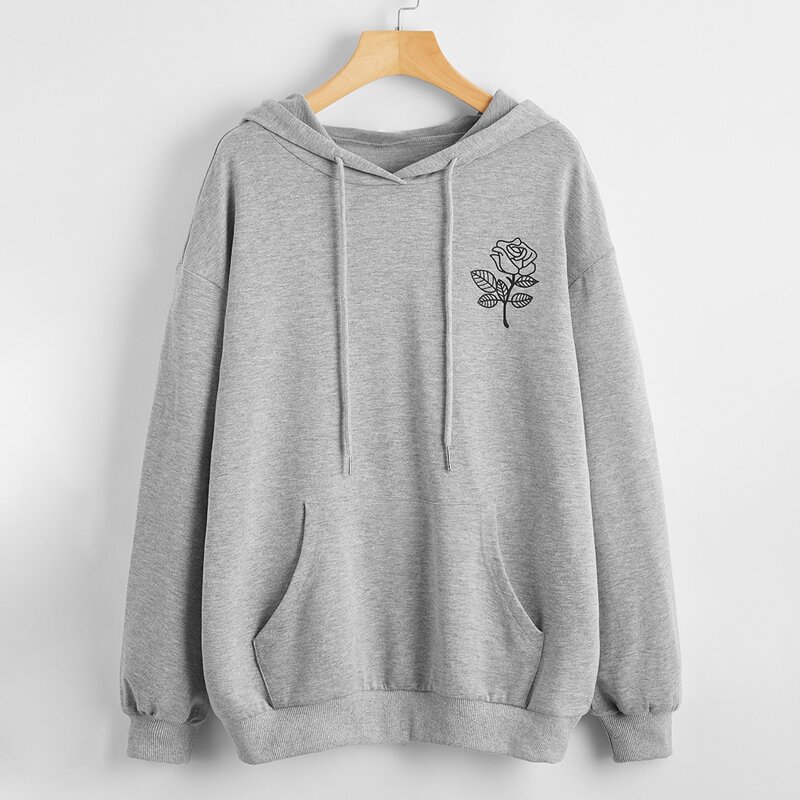 

Drawstring Detail Pouch Pocket Floral Print Hoodie, Light grey