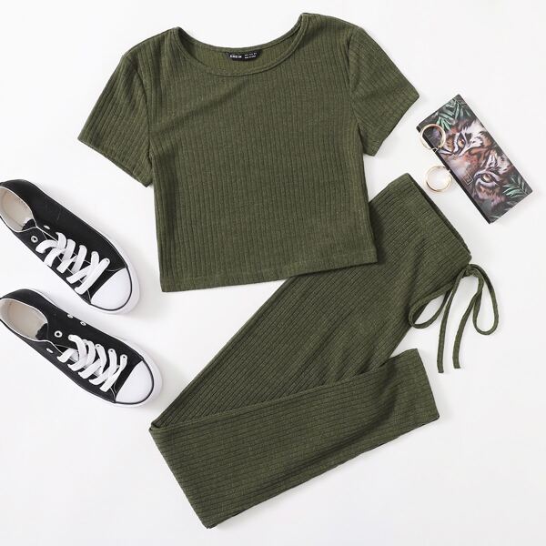 

Rib-knit Tee & Tie Waist Leggings Set, Army green