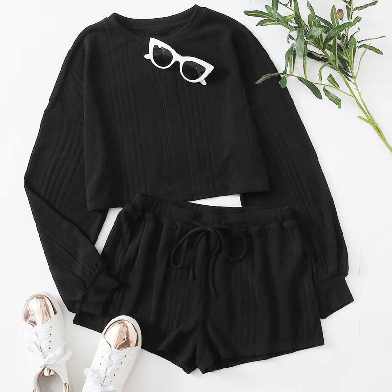 

Drop Shoulder Rib-knit Top and Drawstring Waist Shorts Set, Black