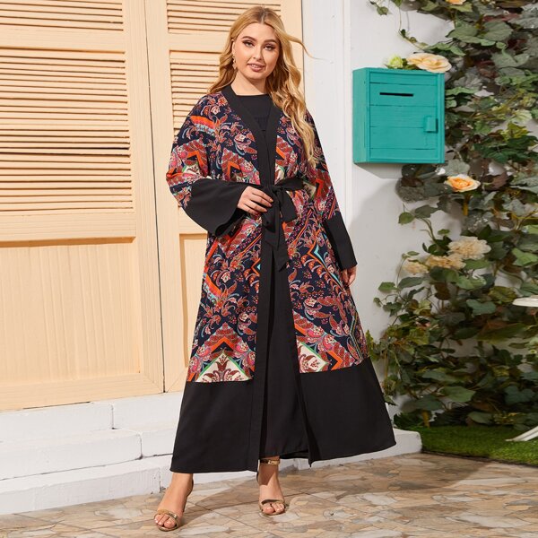 

Plus Paisley Print Belted Kimono, Multicolor