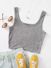 SHEIN Xà lách Hem Rib-đan Crop Tank Top - Xám - Xem 1