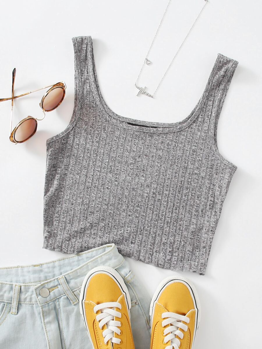 SHEIN Xà lách Hem Rib-đan Crop Tank Top - Xám - Xem 1