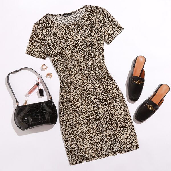 

M-slit Hem Leopard Bodycon Dress, Multicolor