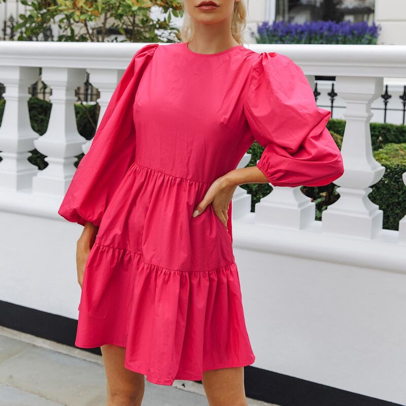 

Lantern Sleeve Ruffle Hem Solid Dress, Bright watermelon pink