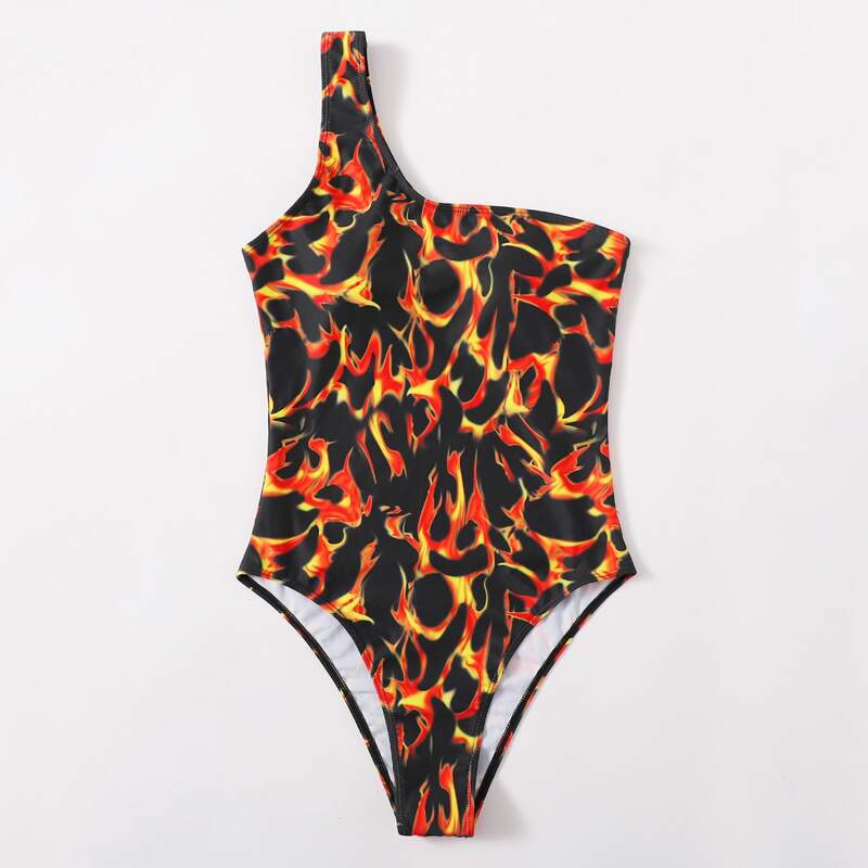 

Fire Print One Shoulder One Piece Swimsuit, Multicolor