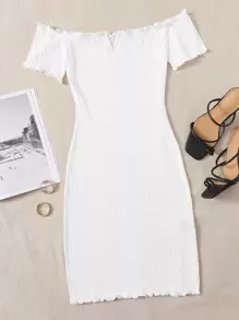 SHEIN EZwear 前V露肩生菜邊連衣裙 - 白色 - 查看 1