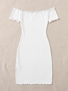 SHEIN EZwear 前V露肩生菜邊連衣裙 - 白色 - 查看 2