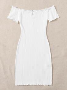 SHEIN EZwear 前V露肩生菜邊連衣裙 - 白色 - 查看 3