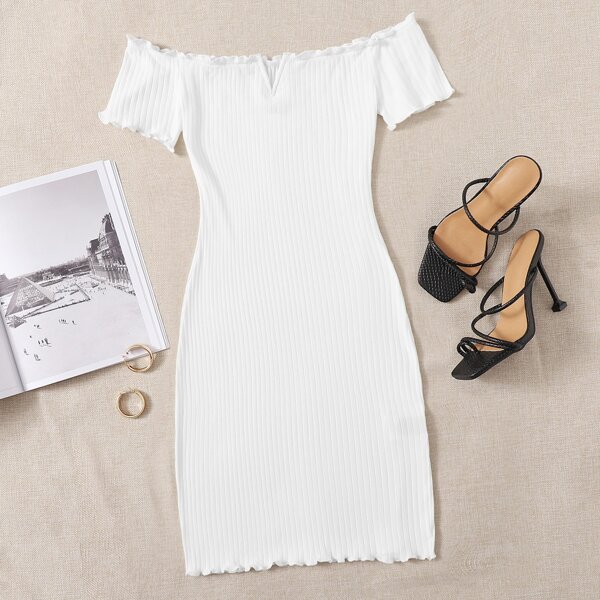 

Ribbed Off-the-Shoulder V-Wire Mini Dress, White