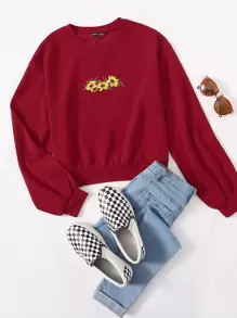 SHEIN EZwear Sunflower Embroidery Pullover - Burgundy - View 1