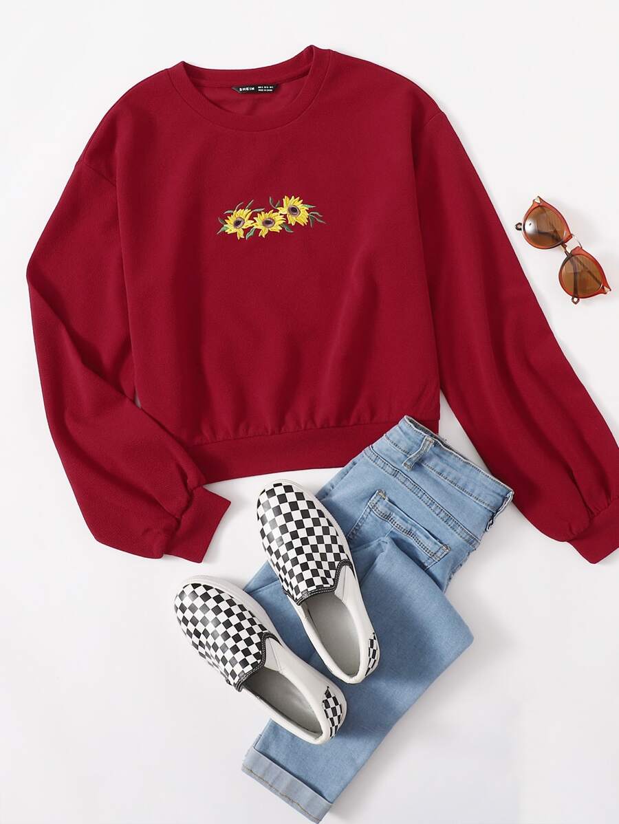 SHEIN EZwear Sunflower Embroidery Pullover - Burgundy - View 1