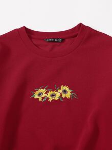 SHEIN EZwear Sunflower Embroidery Pullover - Burgundy - View 4
