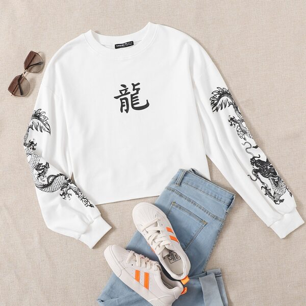 

Chinese Letter & Dragon Graphic Pullover, White