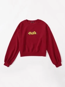 SHEIN EZwear Sunflower Embroidery Pullover - Burgundy - View 5