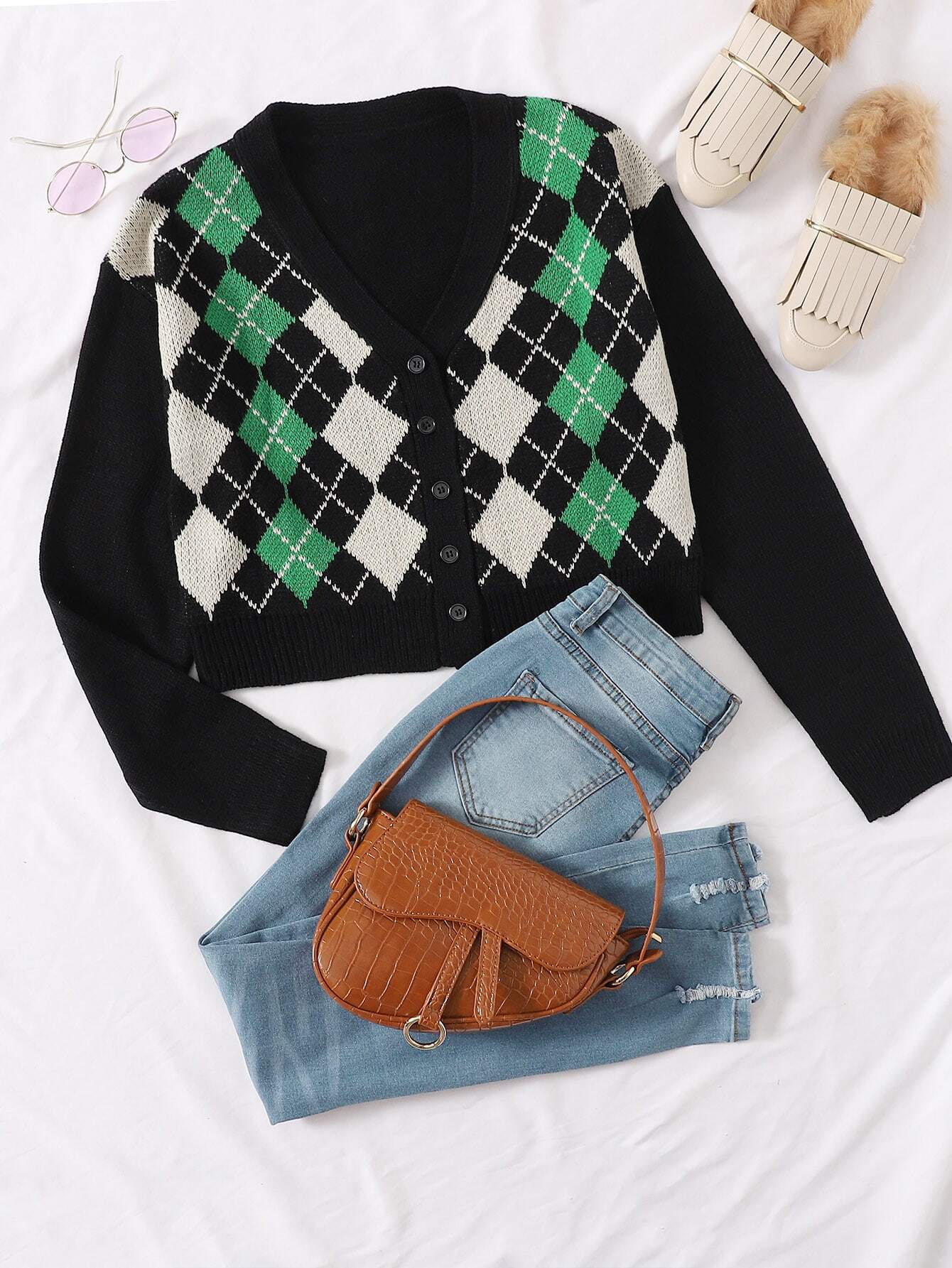 Drop Shoulder Button Front Argyle Cardigan thumbnail