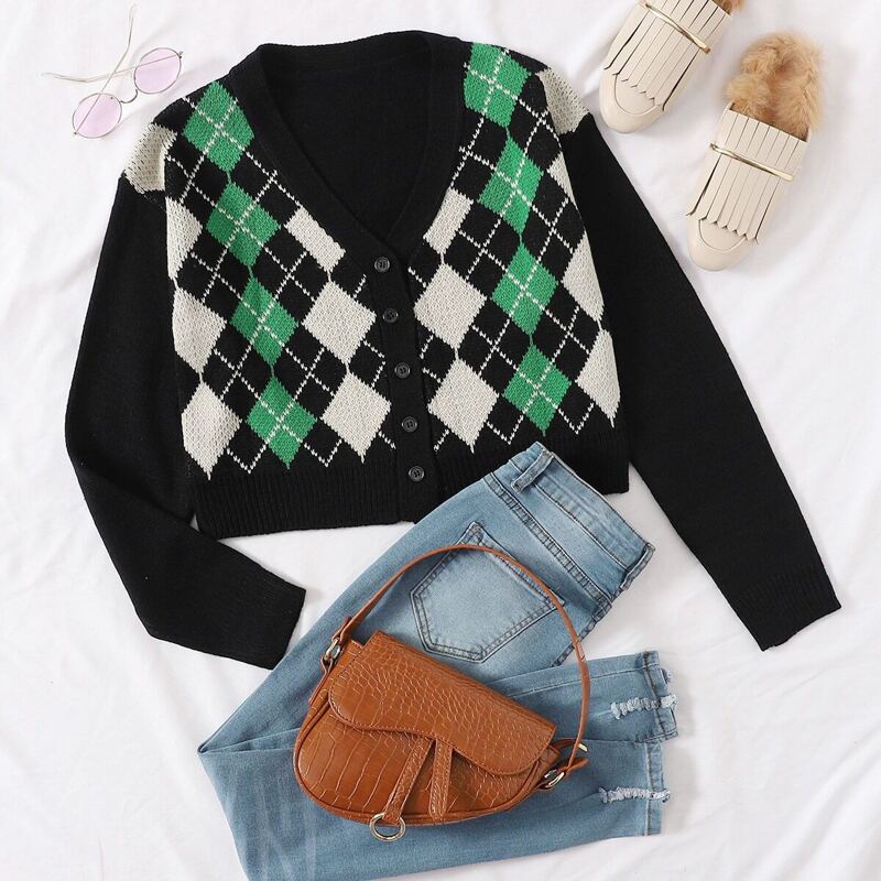 

Drop Shoulder Button Front Argyle Cardigan, Black
