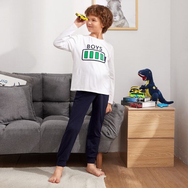 

Boys Letter and Battery Print Top & Pants PJ Set, Blue and white