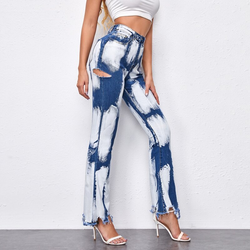 

Color-block Raw Hem Flare Leg Jeans, Blue and white