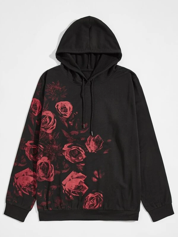 rose print drawstring hoodie