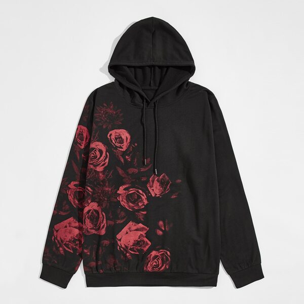 

Men Rose Print Drawstring Hoodie, Black