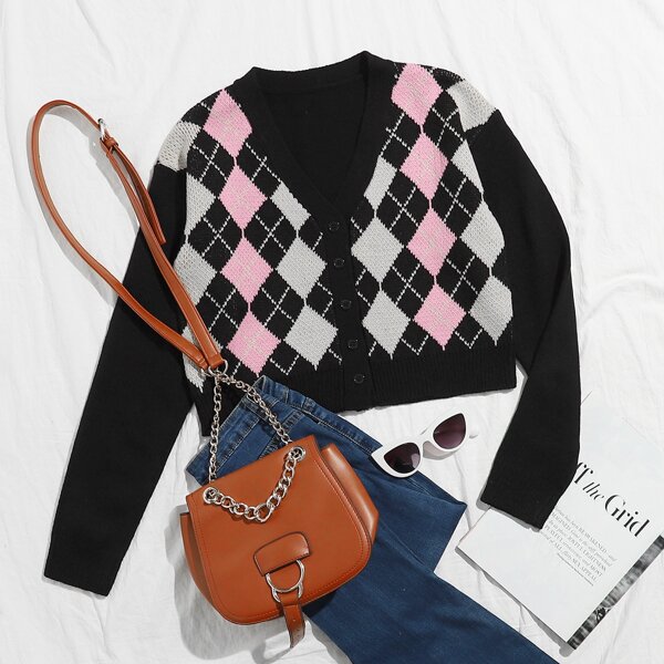 

Argyle Button-Front Cropped Cardigan, Black