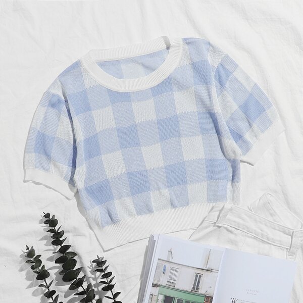 

Gingham Crop Knit Top, Blue and white