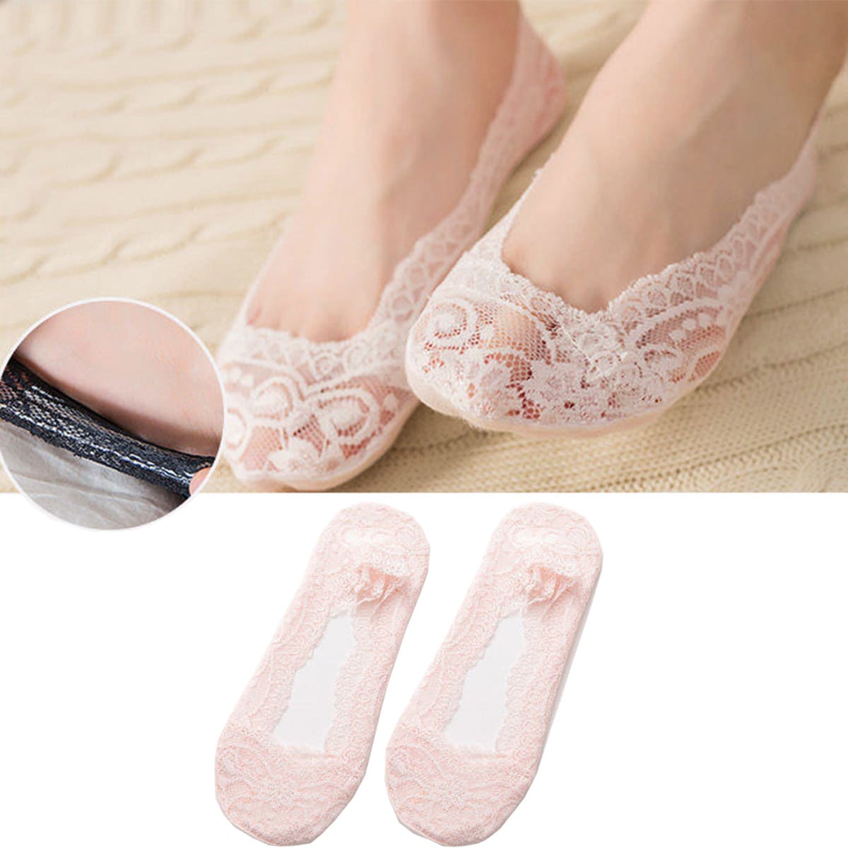 

2pairs Floral Lace Invisible Socks, Baby pink