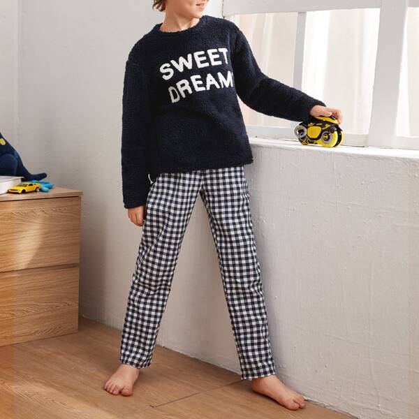 

Boys Slogan Embroidered Teddy Top & Buffalo Plaid Pants PJ Set, Blue and white