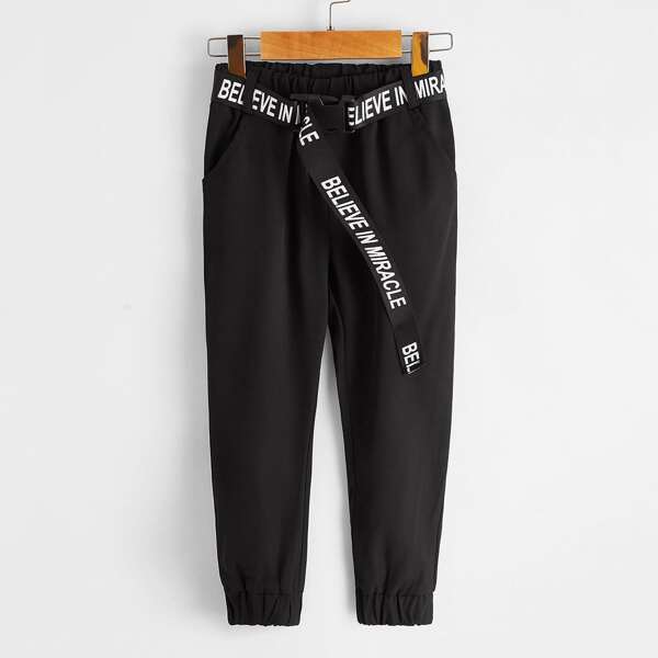 

Toddler Boys Slogan Graphic Tape Belted Sweatpants, Black