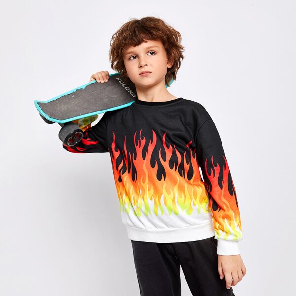 

Boys Drop Shoulder Fire Print Pullover, Multicolor