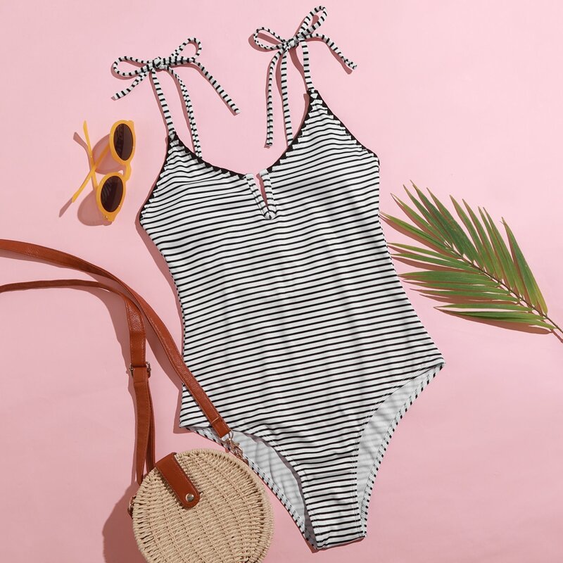 

Striped V Wired Tie Shoulder One Piece Swimsuit, Black and white