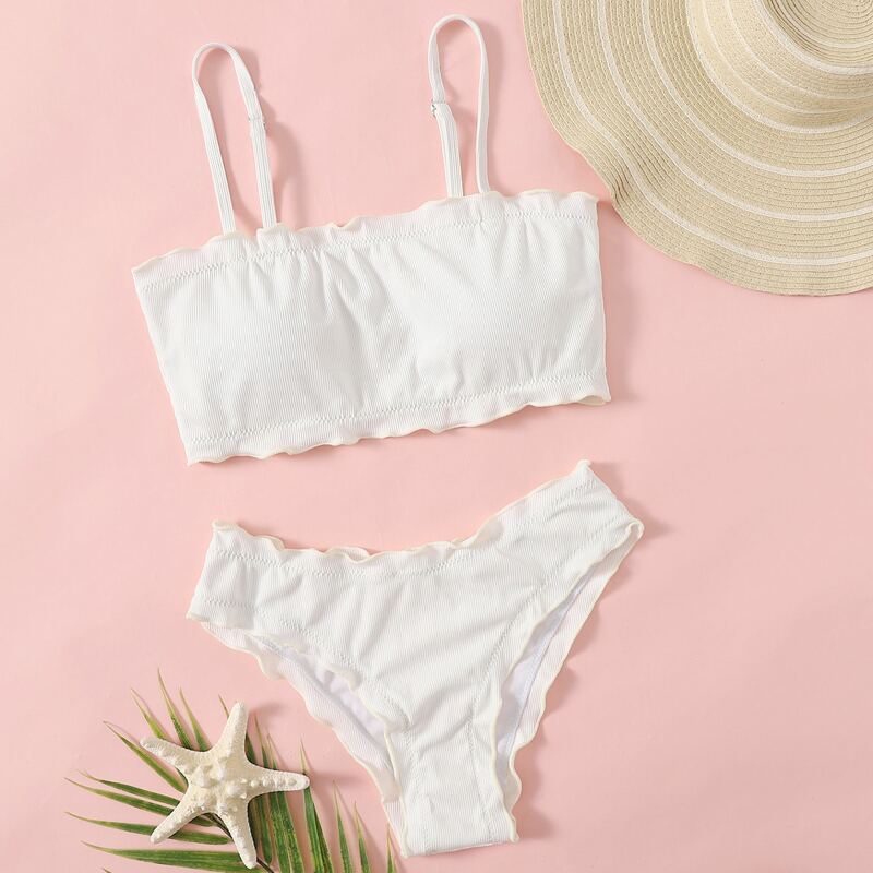 

Ribbed Lettuce Trim Bikini Swimsuit, White